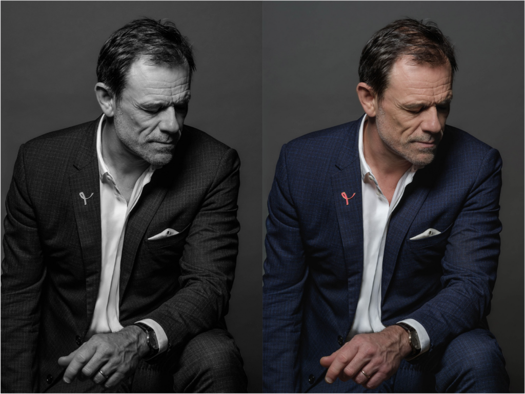 Portrait professionnel en couleur et en noir et blanc d’un homme en blazer beige, deux images côte à côte – Studio Alterego