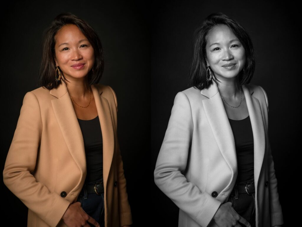 Portrait professionnel en couleur et en noir et blanc d’une femme en blazer beige, deux images côte à côte – Studio Alterego